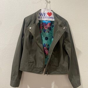 Nanette Lepore L’Amour Zip Moto Jacket Sea Kelp Army Green Floral Lined XL